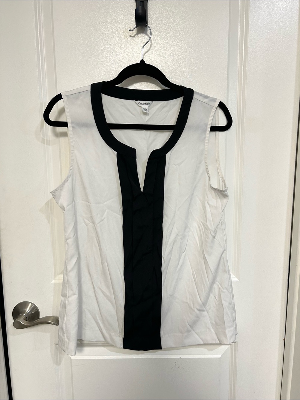 Calvin Klein White Sleeveless V-Neck Tank with Black Center Panel